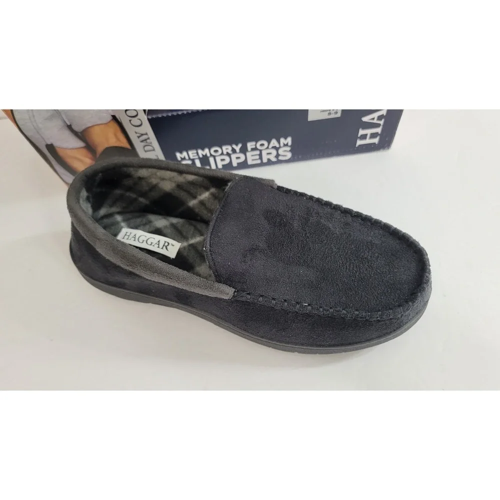 Haggar Slippers Mens Medium 8-9 Black Microsuede Fleece-Lined‎ Venetian $52 NEW